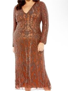 Mac Duggal Chocolate Brown Bead & Sequins Cocktail Formal Dress NWT